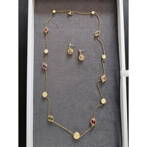 Pretty Colorful Stone And Gold Disc Necklace And Earrings